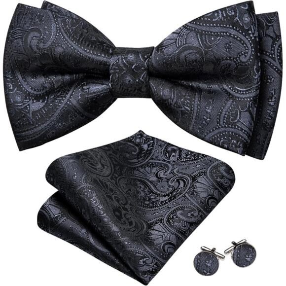 Paisley Striped Bow Tie for Men Silk Pre-Tied Bowtie Pocket Square Cufflinks Set - Picture 3 of 5